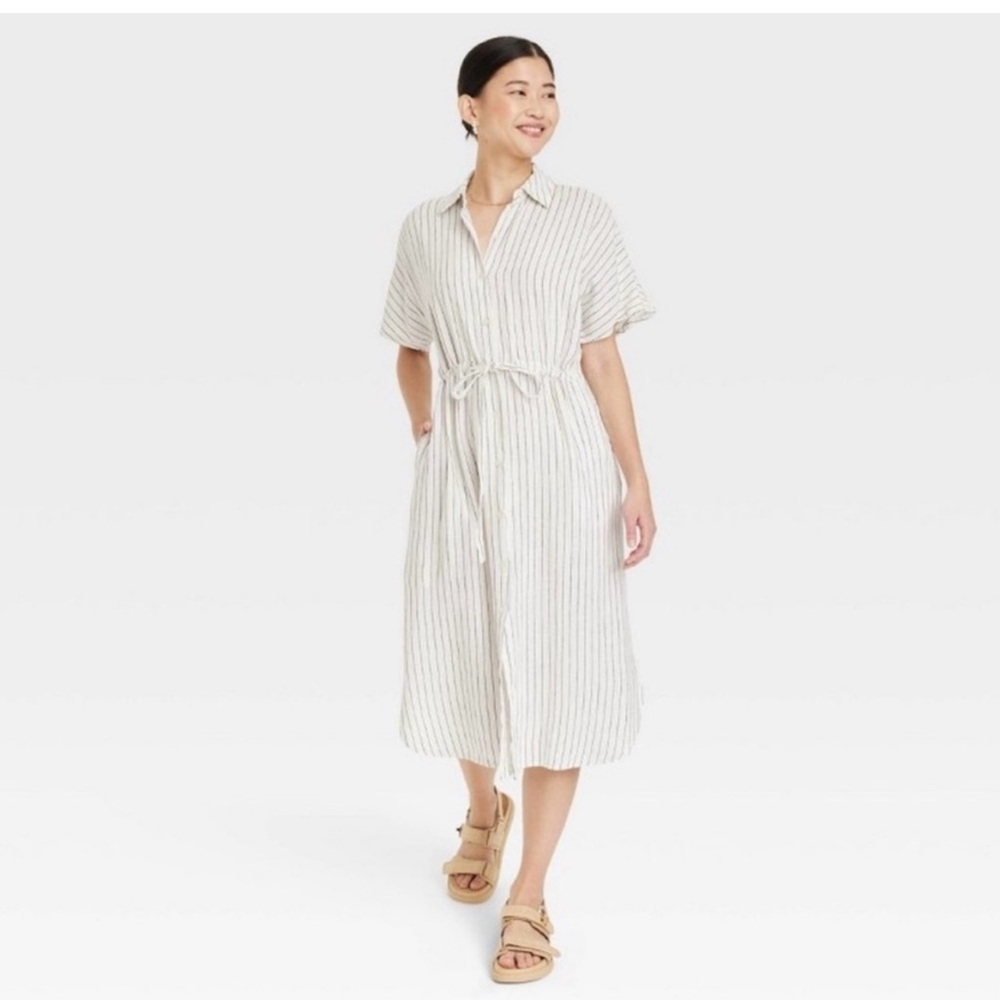 Striped White Linen Blend Dress Size Medium